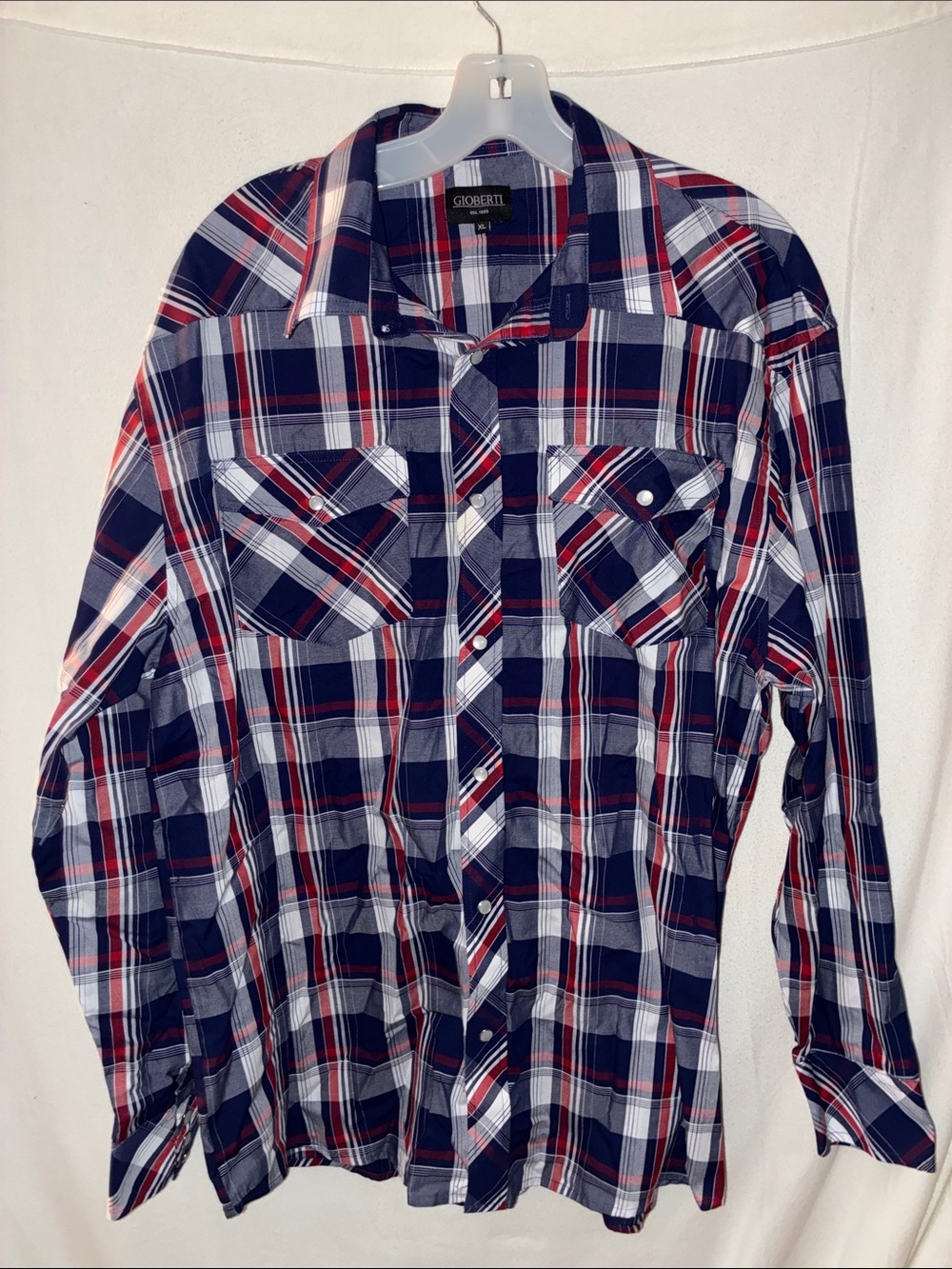 Men’s Navy Red Plaid Button-Up Shirt